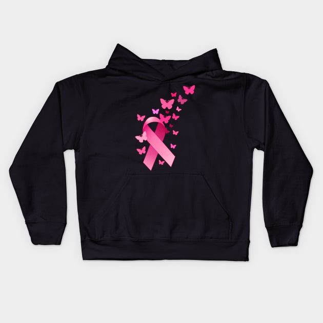 Breast Cancer Awareness Ribbon And Butterflies Gift Print Kids Hoodie by Linco